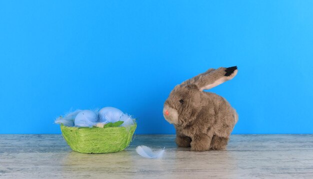 Un coniglio accanto a un cesto di batuffoli di cotone blu.