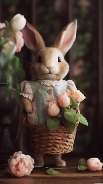 A rabbit in a basket of roses