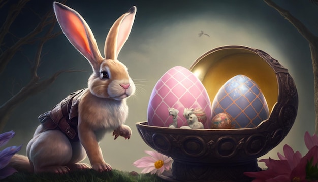 A rabbit in a basket with easter eggs