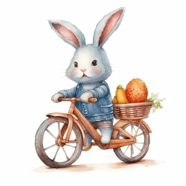 Rabbit on a bicycle with a basket watercolor illustration of a rabbit