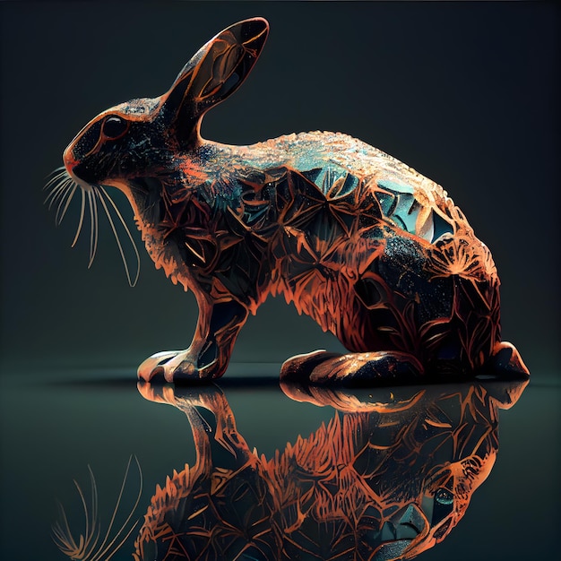Photo rabbit on a black background with reflection 3d illustration