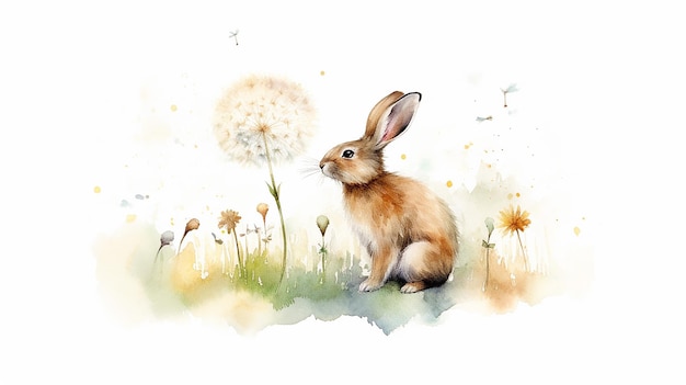 Rabbit blowing dandelion watercolor illustration AI Generative Generative AI