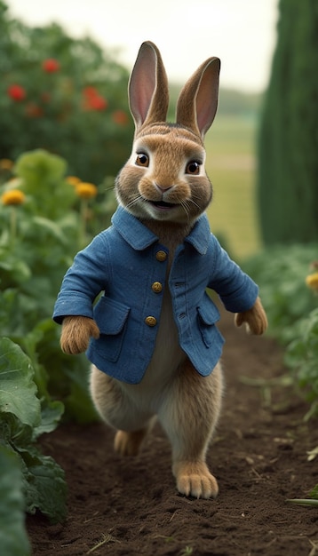 A rabbit in a blue coat walks through a garden.