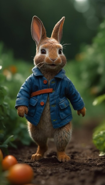 A rabbit in a blue jacket walks through a garden.