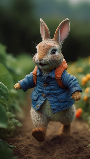 Photo rabbit in a blue jacket with a backpack