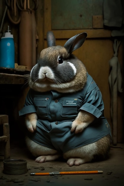 A rabbit in a blue jumpsuit with the word rabbit on it