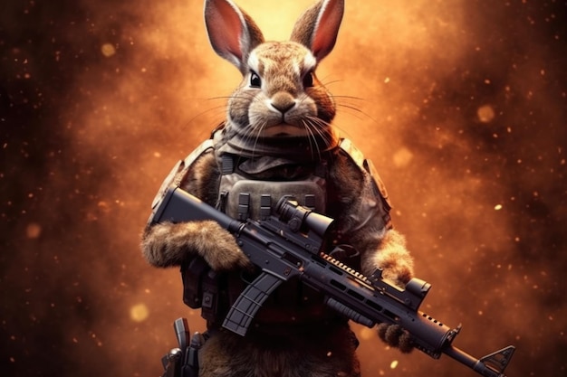 Rabbit in body armor and with a machine gun Beast in an armor with glowing eyes Generative AI illustration