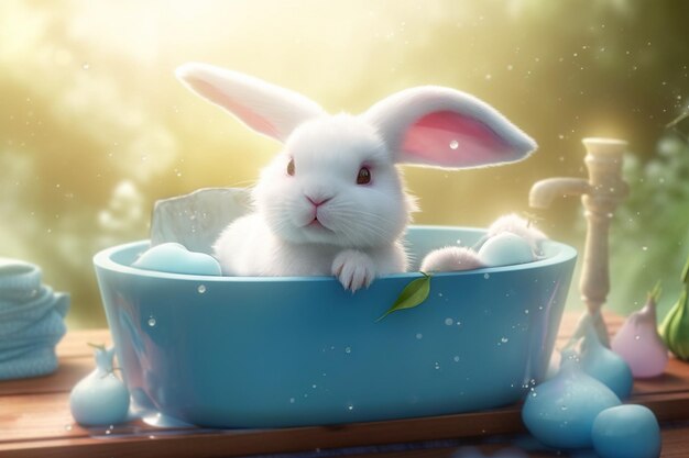 A rabbit in a bowl of soap