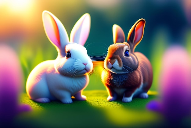 A rabbit and a bunny are looking at each other