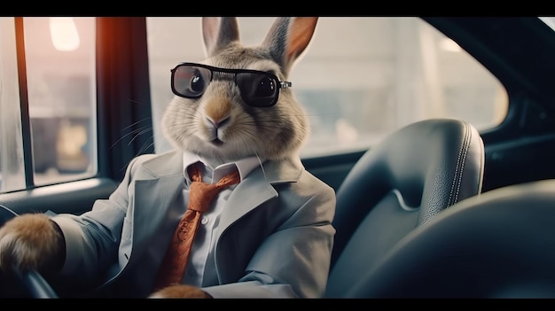 A rabbit in a business suit rides in a car Generative AI