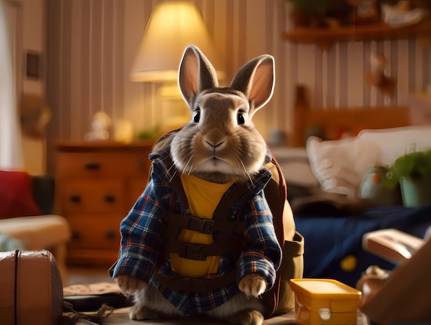 A rabbit in a cabin with a flannel shirt sits in a bedroom.