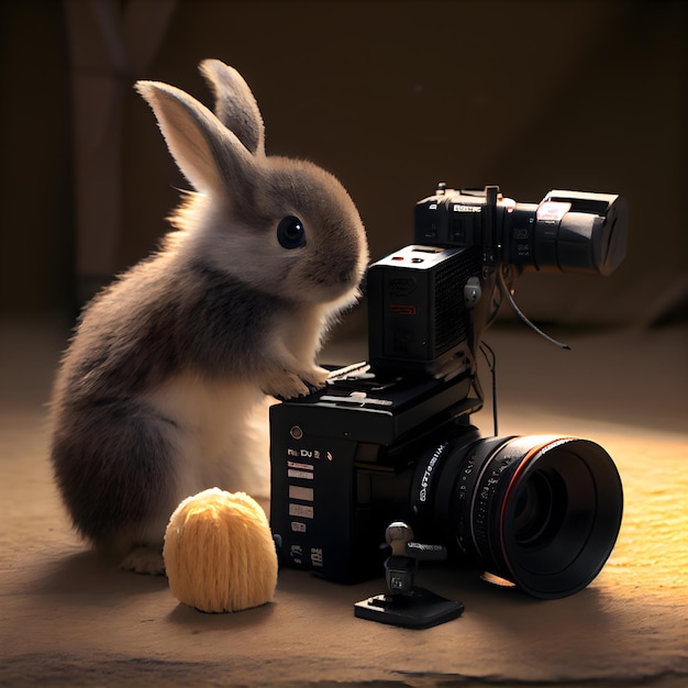 Rabbit and camera on a brown background Easter holiday concept