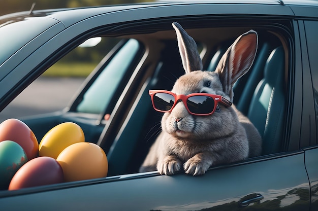 A rabbit in a car with sunglasses and a pair of easter eggs