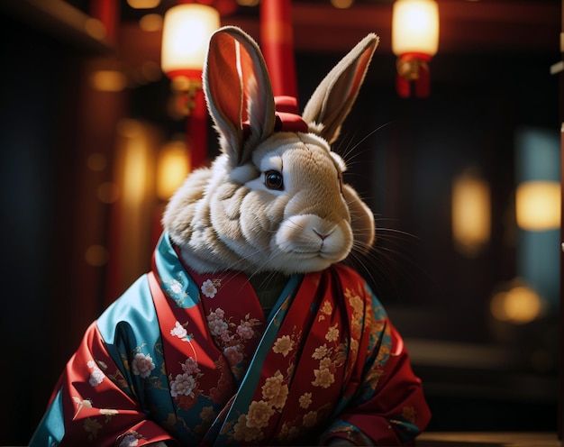 Foto un coniglio in un cappotto cinese ai generato