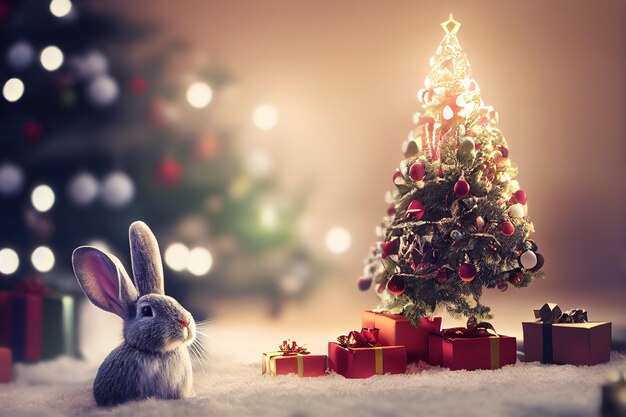 Rabbit for Christmas cute rabbit on the background of christmas lights 3d render Raster illustration