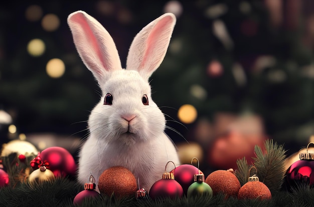 Rabbit for Christmas cute rabbit on the background of christmas lights 3d render Raster illustration