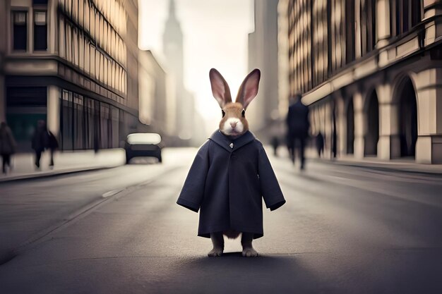 A rabbit in a coat stands in the middle of a street