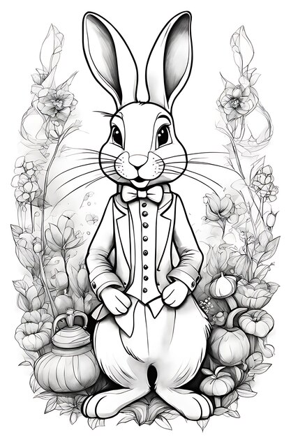 Photo rabbit coloring page for kids coloring sketch black and white draft printable page