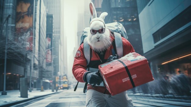 ウサギの配達員が市内で迅速に荷物を配達している