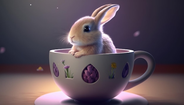 A rabbit in a cup with purple flowers