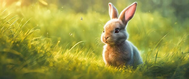 Rabbit cute little easter bunny in meadow green grass under sunbeams rabbit on a green grass in