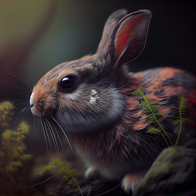 Rabbit on a dark background closeup digital painting