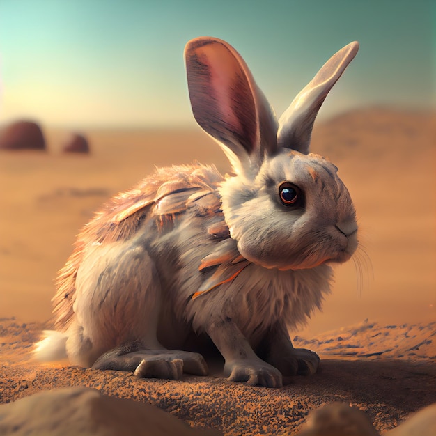 Rabbit in the desert 3d rendering Computer digital drawing