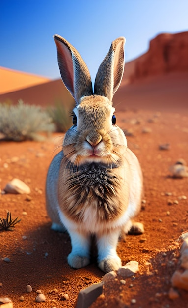 A rabbit in the desert with a red background