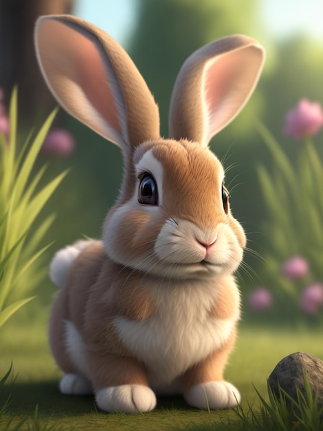 꽃 이 있는 귀여운 토끼 토끼 의 디지털 그림