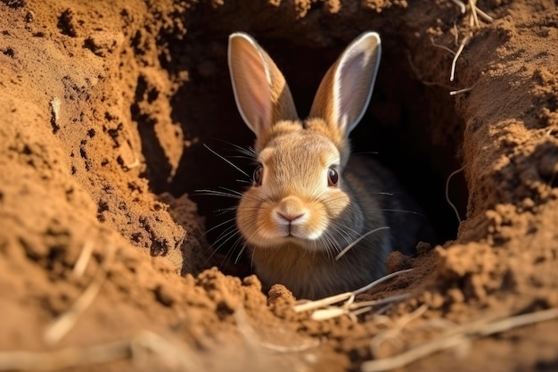 Photo rabbit digs a burrow in the earth