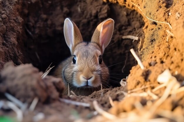 Photo rabbit digs a burrow in the earth