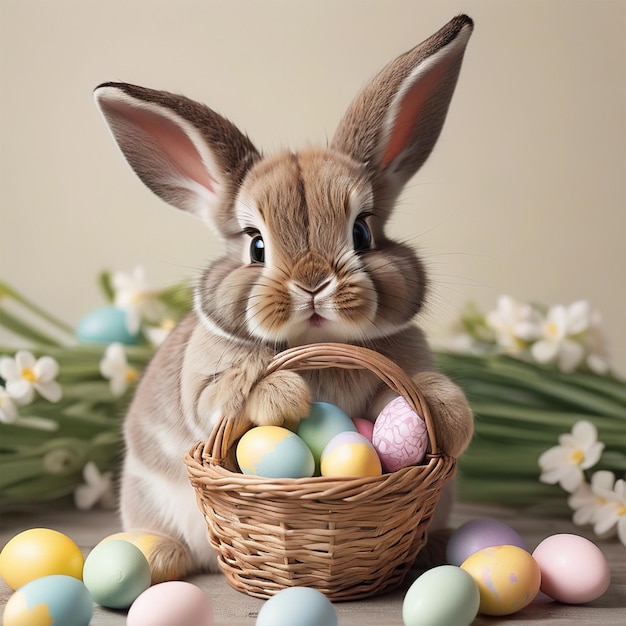 Foto un coniglio che fa un colpo con un cesto di uova per la domenica di pasqua