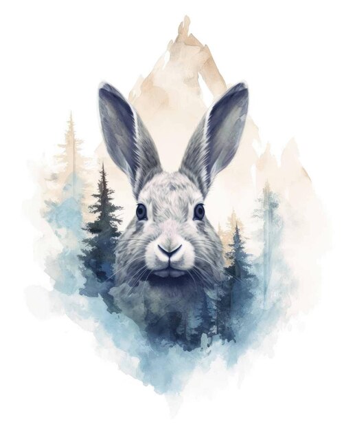 Rabbit double exposure of a rabbit and nature mountains trees in watercolor art