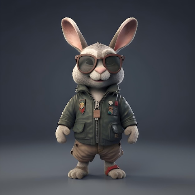 Rabbit dressed as a pilot with glasses and a leather jacket