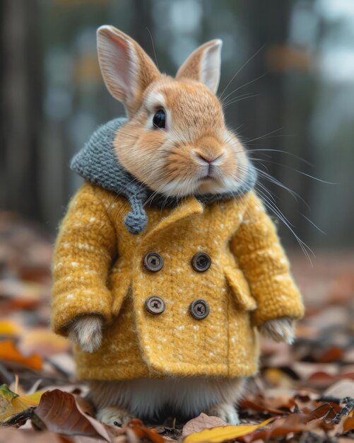 Foto un coniglio vestito con un cappotto di coniglio accanto all'autunno un piccolo coniglio vestido con un cappuccio giallo seduto su un pezzo di erba