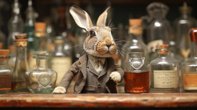 A rabbit dressed in a suit and tie standing next to bottles of liquor ai