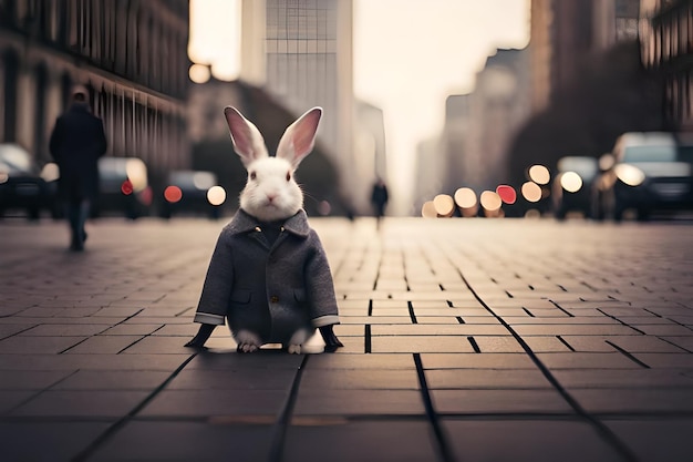 a rabbit dressed up in a suit on a street.