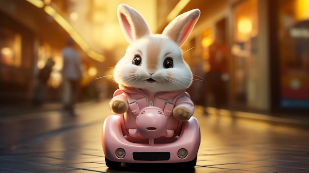Foto coniglio che guida un'auto giocattolo blu isolata su bianco
