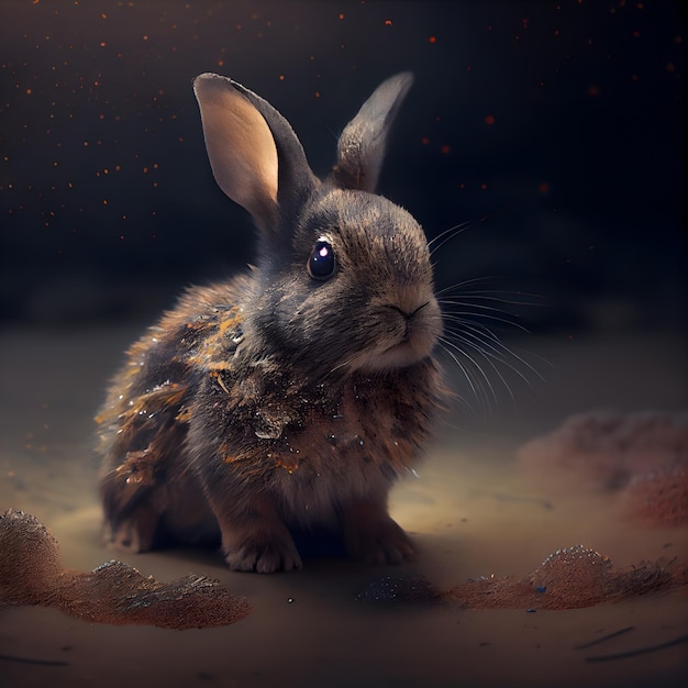 Rabbit in the dust on a dark background with space for text