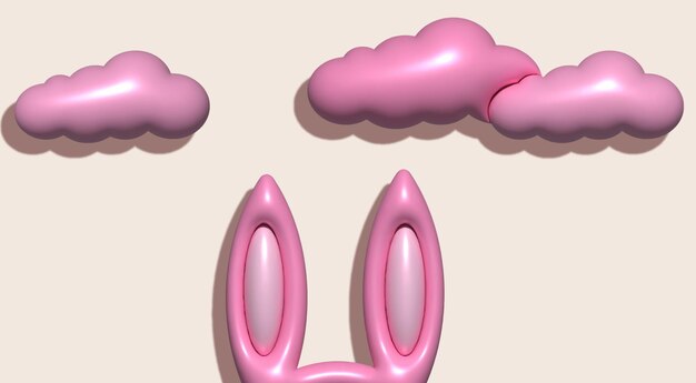 Rabbit ears and pink clouds on a beige background 3D rendering illustration