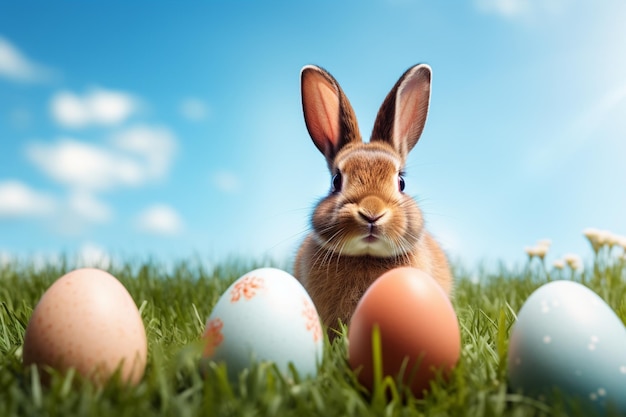 Rabbit and easter eggs in green grass with blue sky ar c