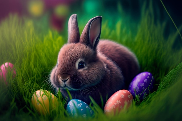 Rabbit and easter eggs in green grass