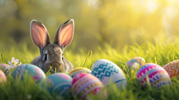 Rabbit among easter eggs in natural grassland setting aige