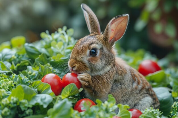 庭でトマトを食べているウサギ