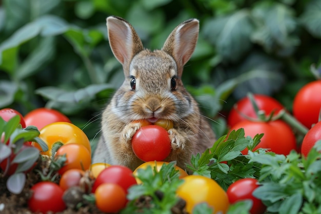 Photo rabbit eating tomatoes in garden