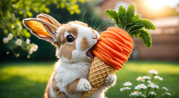 a rabbit enjoying an ice cream shaped like a carrot