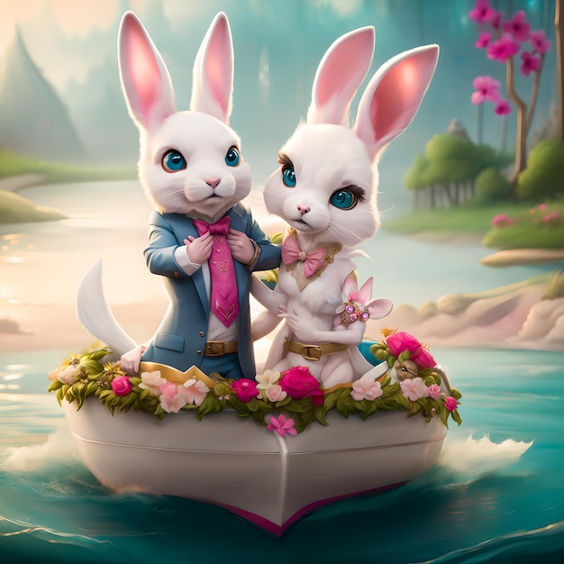 Rabbit family are sitting boat