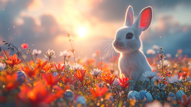 a rabbit in a field of flowers with the sun behind it