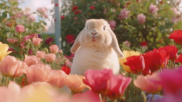 A rabbit in a field of flowers