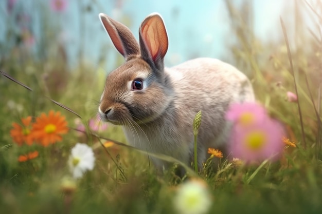 A rabbit in a field of flowers